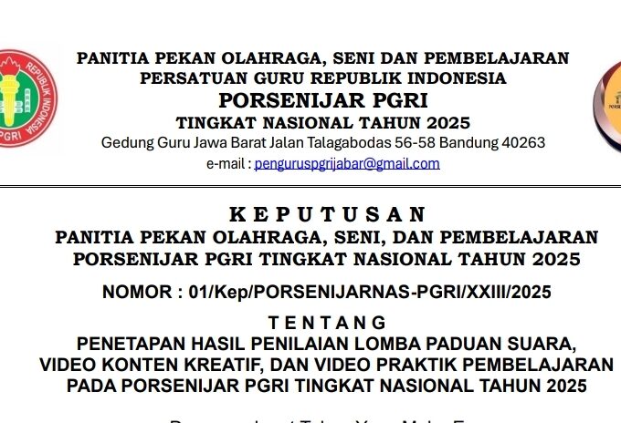 Pengumuman Hasil Lomba Online PORSENIJAR PGRI Tingkat Nasional Tahun 2025: Apresiasi untuk Kontingen Provinsi Banten!
