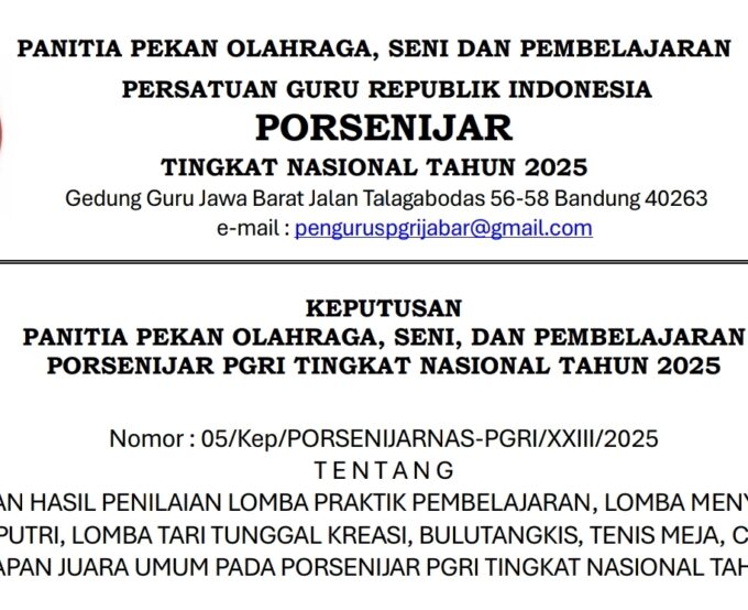 Jawa Tengah Juara Umum, Banten Tembus 10 Besar: PGRI Kota Cilegon Jadikan PORSENIJAR Nasional 2025 Momentum Kebangkitan Kompetensi Guru